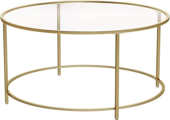 A.T. Shop Salontafel, bijzettafel rond, koffietafel, 84 x 84 x 45,5 cm, glazen tafel met metalen frame, gehard glas, nachtkastje, sofatafel, voor balkon, goud