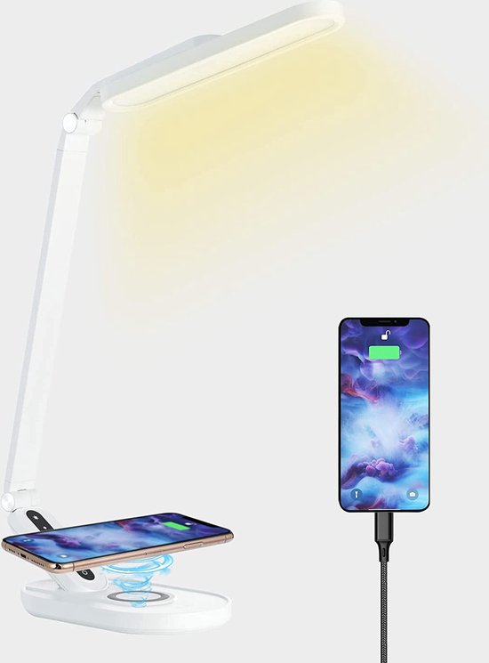 Lampe de Bureau Seven Comfort - LED Dimmable - Recharge USB et Sans Fil - Lumière Wit et Chaude - Liseuse - Lampe de Chevet - Pliable - Smart Touch - BLANC