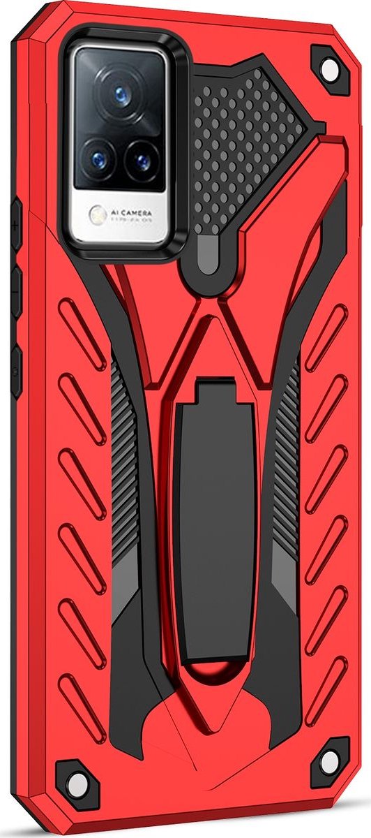 Mobigear Hoesje geschikt voor Vivo V21 Telefoonhoesje Hardcase | Mobigear Armor Stand Backcover Shockproof met Standaard | Schokbestendig V21 Telefoonhoesje | Anti Shock Proof - Rood