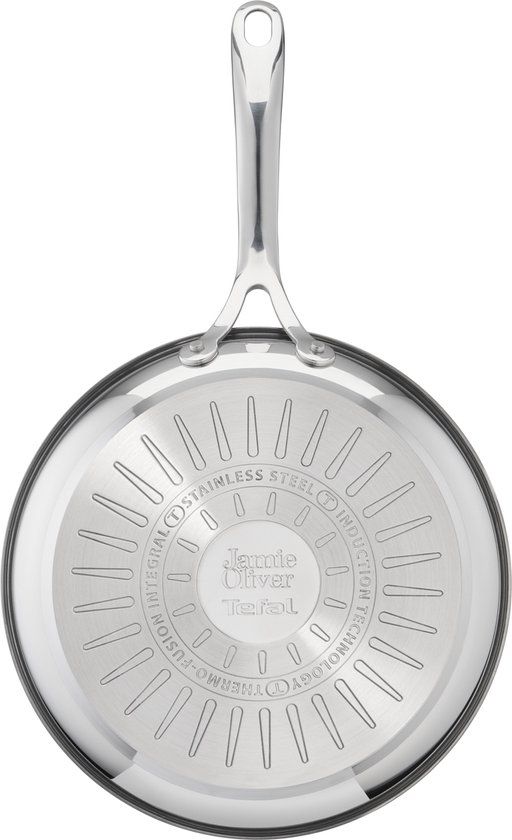 Onderkant van een zwarte koekenpan met roestvrijstalen handvat en Jamie Oliver | Tefal logo.