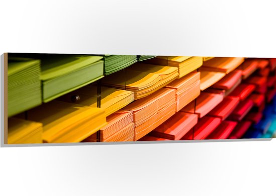 Hout - Verschillende Kleuren Papier in het Schap - 150x50 cm - 9 mm dik - Foto op Hout (Met Ophangsysteem)