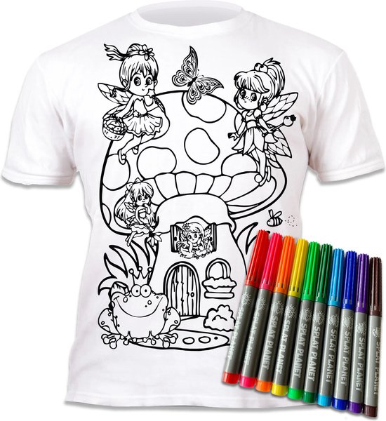 T-shirt Splat - Colorie encore et encore ton beau T-shirt - Elfes autour du champignon - 5-6 ans