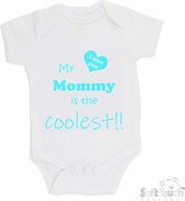 100% katoenen Romper "My mommy is the coolest!! / I love you" Moeder Moederdag Mama Unisex Katoen Wit/aquablauw Maat 62/68