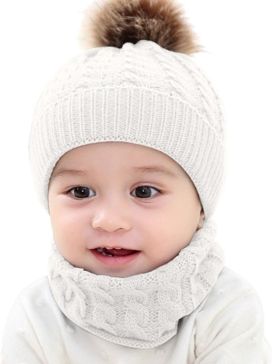 Let op type!! Gebreide warme ronde machine Cap beschermt oor motorkap baby winter hoeden caps + sjaal kostuums (wit)