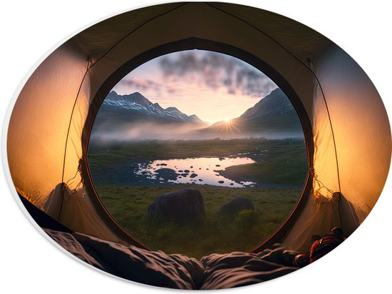 PVC Schuimplaat Ovaal - Uitzicht op het Noorse Landschap vanuit Tent tijdens Kamperen - 28x21 cm Foto op Ovaal (Met Ophangsysteem)