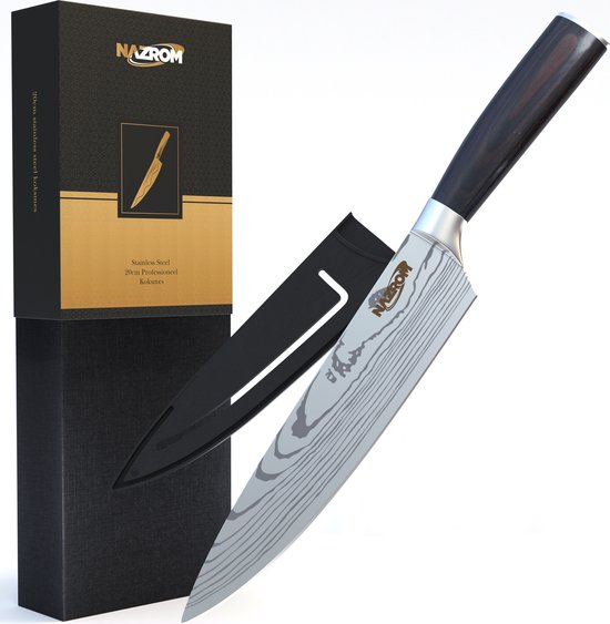 NAZROM® Professioneel Koksmes 20 CM, Inclusief Mesbeschermer, Duurzaam En Vlijmscherp