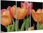 GroepArt - Schilderij -  Tulpen - Oranje, Rood, Groen - 120x80cm 3Luik - 6000+ Schilderijen 0p Canvas Art Collectie