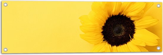 Tuinposter – Gele Bloeiende Zonnebloem tegen Gele Achtergrond - 90x30 cm Foto op Tuinposter (wanddecoratie voor buiten en binnen)