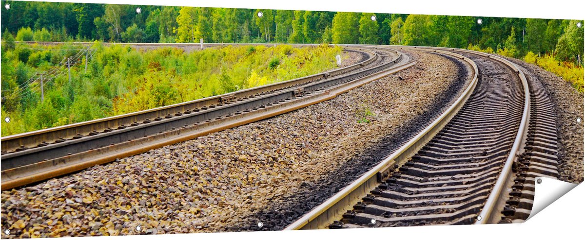 Gards Tuinposter Rails Spoorwegen in een Bocht - 210x70 cm - Tuindoek - Tuindecoratie - Wanddecoratie buiten - Tuinschilderij Multikleur