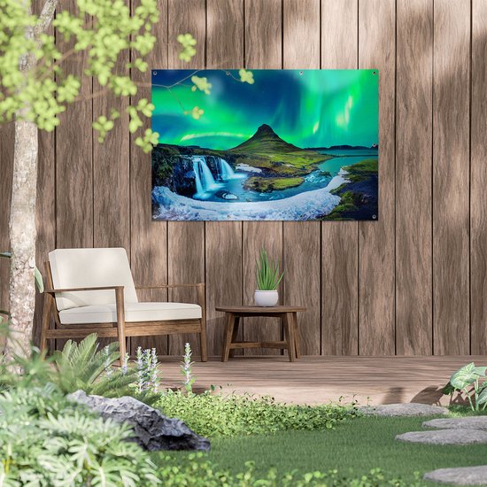 Gards Tuinposter Noorderlicht bij de Watervallen in IJsland - 120x80 cm - Tuindoek - Tuindecoratie - Wanddecoratie buiten - Tuinschilderij