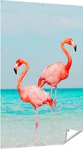 Gards Tuinposter Twee Flamingo's in het Water - 100x150 cm - Tuindoek - Tuindecoratie - Wanddecoratie buiten - Tuinschilderij