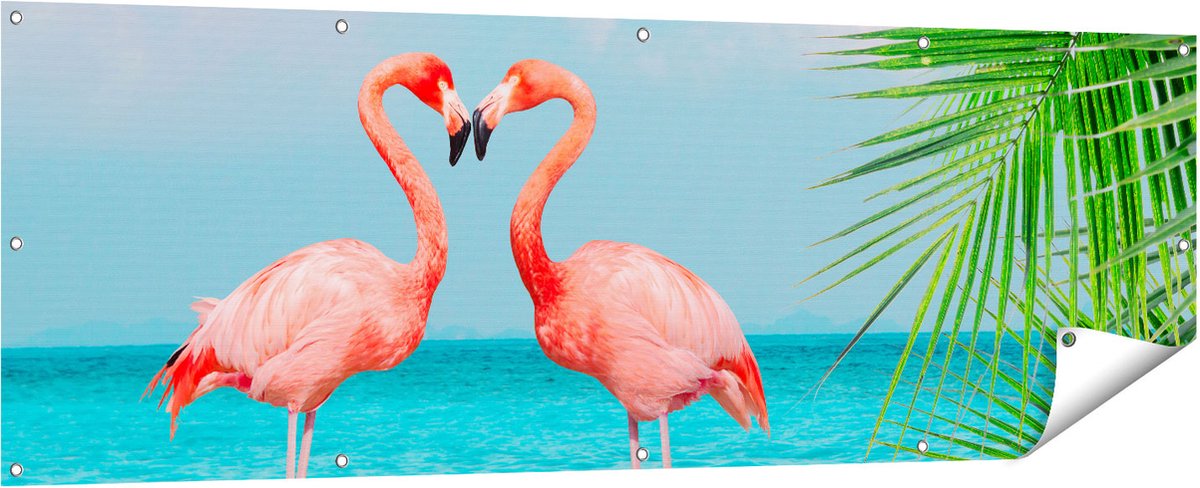 Gards Tuinposter Twee Flamingo's in een Hart Vorm in het Water - 180x60 cm - Tuindoek - Tuindecoratie - Wanddecoratie buiten - Tuinschilderij Multikleur