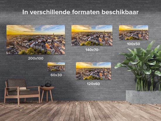 Gards Tuinposter Groningen Skyline Stad bij Zonsondergang - 200x100 cm - Tuindoek - Tuindecoratie - Wanddecoratie buiten - Tuinschilderij