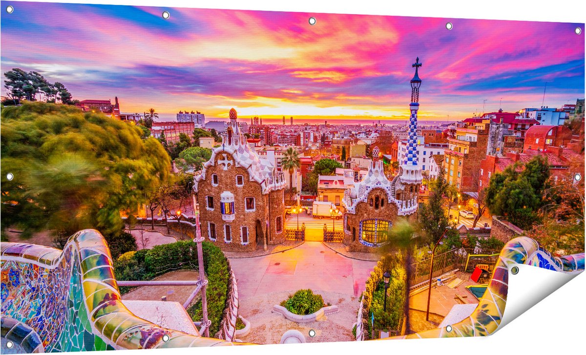 Gards Tuinposter Park G�ell Uitzicht op Barcelona - 160x80 cm - Tuindoek - Tuindecoratie - Wanddecoratie buiten - Tuinschilderij Multikleur