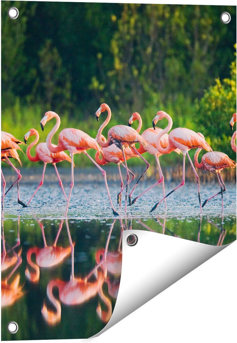 Gards Tuinposter Kudde Flamingo's op het Water - 40x50 cm - Tuindoek - Tuindecoratie - Wanddecoratie buiten - Tuinschilderij Multikleur