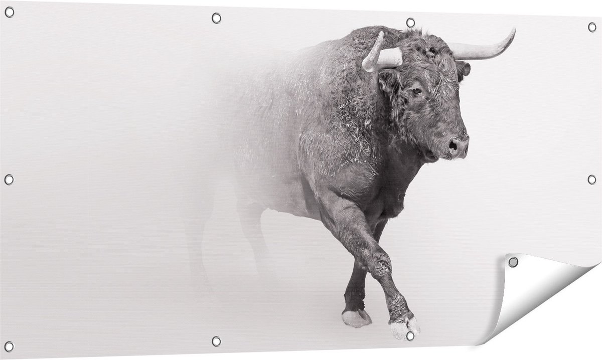 Gards Tuinposter Stier op een Grijze Achtergrond - Zwart Wit - 120x60 cm - Tuindoek - Tuindecoratie - Wanddecoratie buiten - Tuinschilderij Multikleur