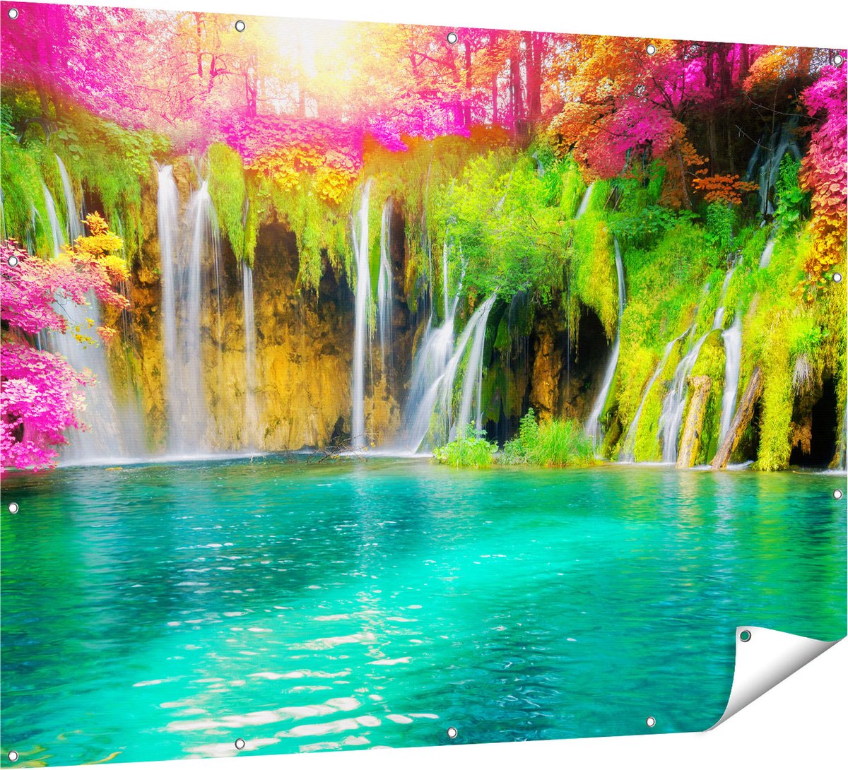 Gards Tuinposter Waterval met Roze en Groene Bloemen - 160x120 cm - Tuindoek - Tuindecoratie - Wanddecoratie buiten - Tuinschilderij Multikleur