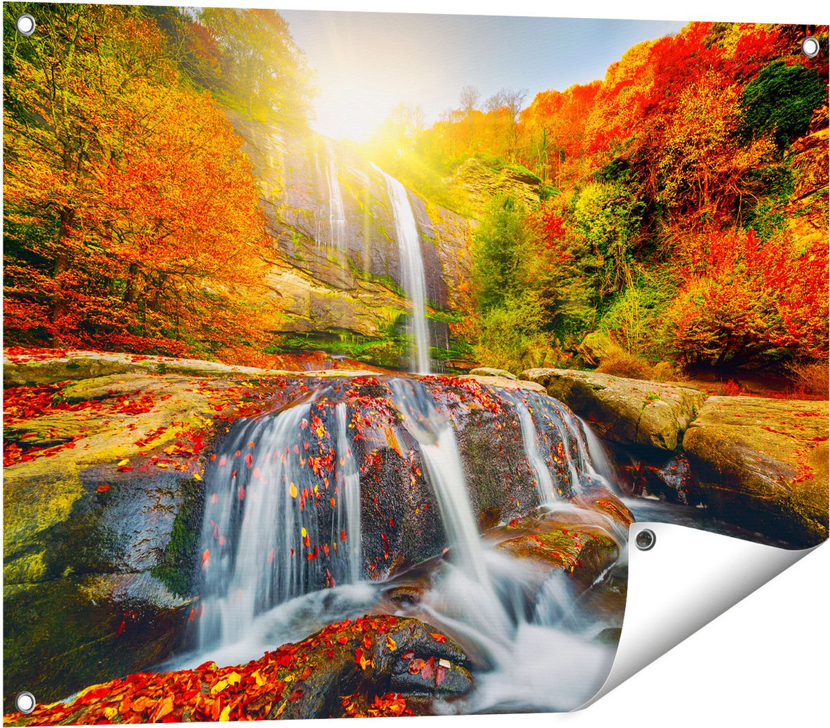 Gards Tuinposter Waterval in de Herfst Kleuren - 80x60 cm - Tuindoek - Tuindecoratie - Wanddecoratie buiten - Tuinschilderij Multikleur
