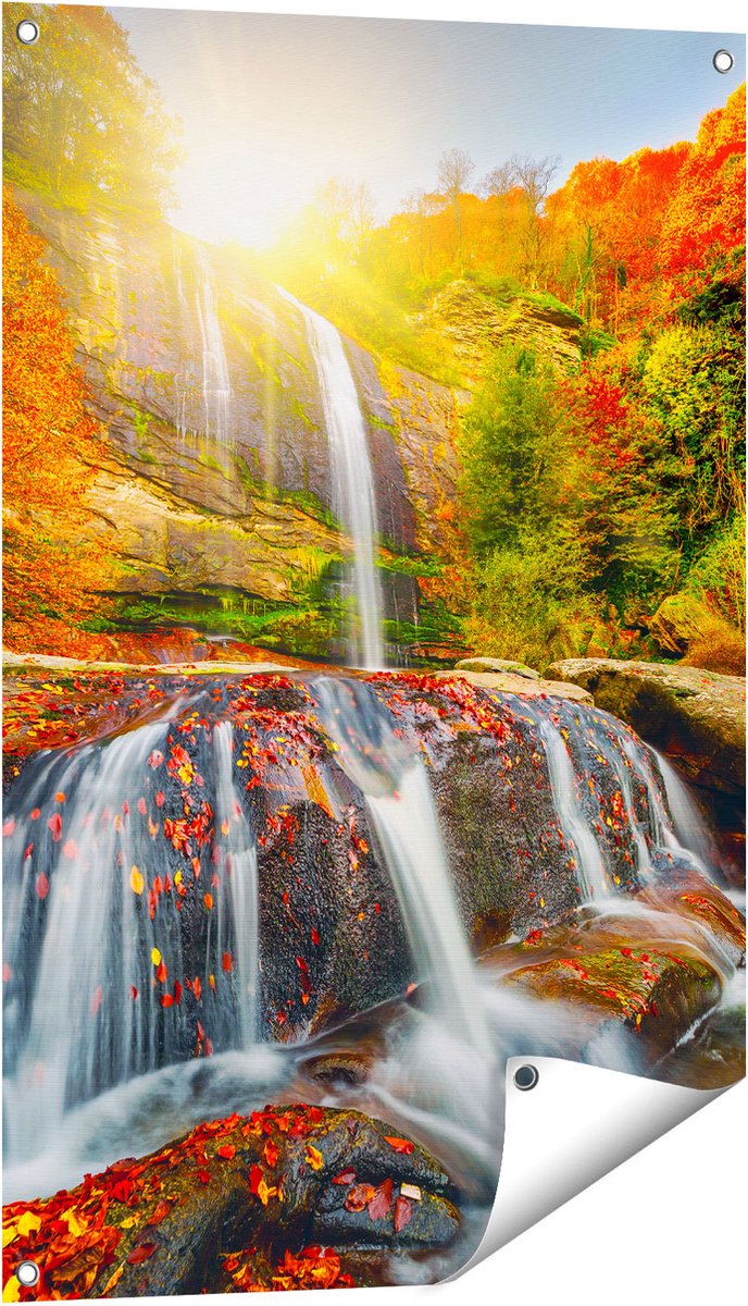 Gards Tuinposter Waterval in de Herfst Kleuren - 60x90 cm - Tuindoek - Tuindecoratie - Wanddecoratie buiten - Tuinschilderij Multikleur