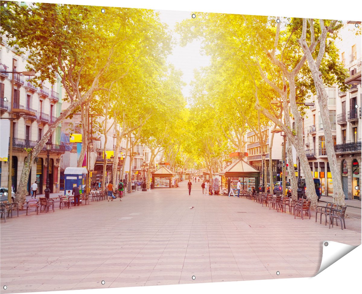 Gards Tuinposter De Ramblas Straat in Barcelona - 180x120 cm - Tuindoek - Tuindecoratie - Wanddecoratie buiten - Tuinschilderij Multikleur