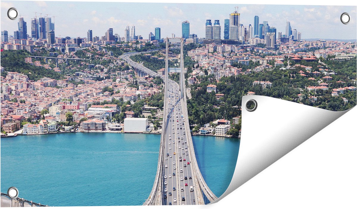 Gards Tuinposter Istanbul Bosporus Brug vanaf Boven - 60x30 cm - Tuindoek - Tuindecoratie - Wanddecoratie buiten - Tuinschilderij Multikleur