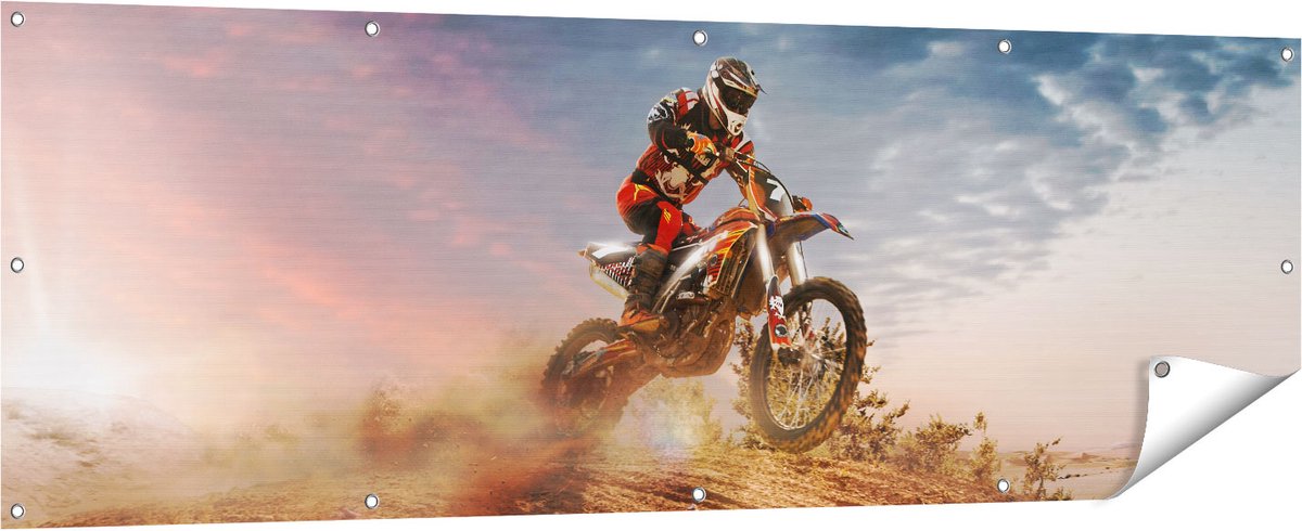 Gards Tuinposter Motorcross op een Heuvel bij Zonsondergang - 180x60 cm - Tuindoek - Tuindecoratie - Wanddecoratie buiten - Tuinschilderij Multikleur