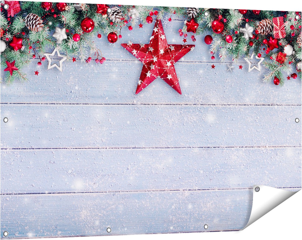 Gards Tuinposter Kerst Achtergrond met Sneeuw op Tafel - 120x80 cm - Tuindoek - Tuindecoratie - Wanddecoratie buiten - Tuinschilderij Multikleur