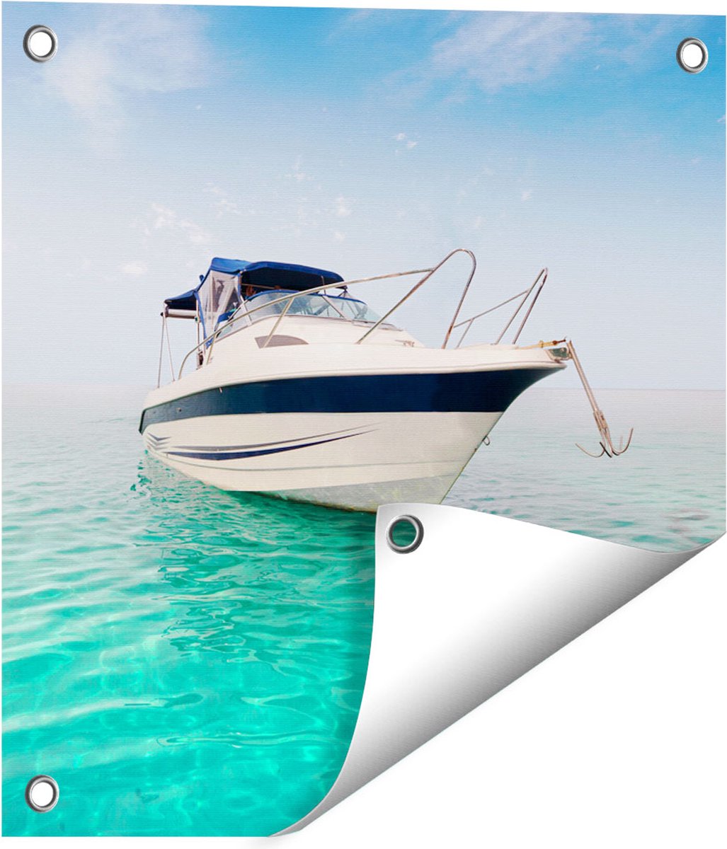 Gards Tuinposter Motorboot aan het Strand met Blauw Water - 40x40 cm - Tuindoek - Tuindecoratie - Wanddecoratie buiten - Tuinschilderij Multikleur