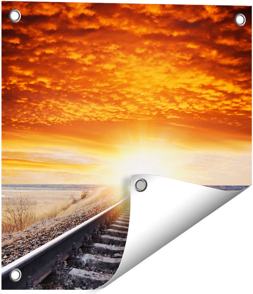 Gards Tuinposter Rails Spoorweg bij Zonsondergang - 40x40 cm - Tuindoek - Tuindecoratie - Wanddecoratie buiten - Tuinschilderij Multikleur