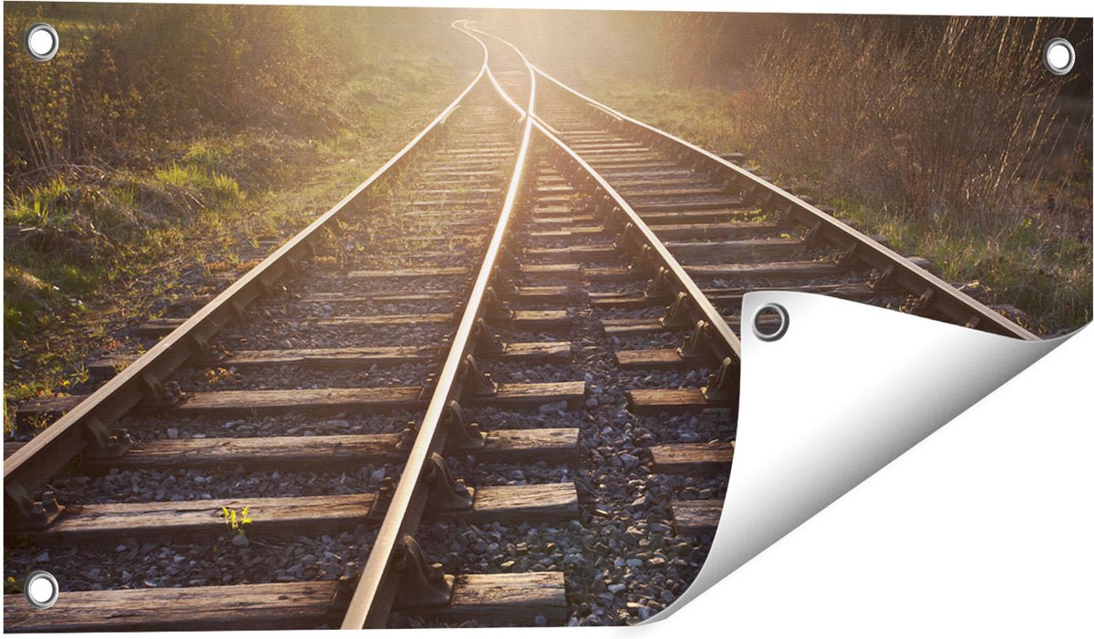 Gards Tuinposter Twee Kruisende Rails Spoorwegen - 60x30 cm - Tuindoek - Tuindecoratie - Wanddecoratie buiten - Tuinschilderij Multikleur
