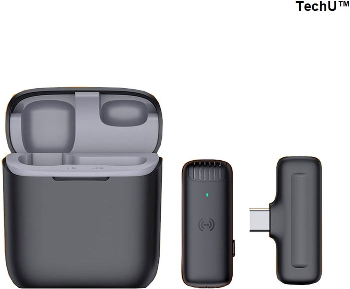 TechU™ Draadloze Microfoon Mini – met USB C Aanlsuiting voor Android – Audio, Interview & Podcast Opnemen – Inclusief Opbergdoosje – Zwart