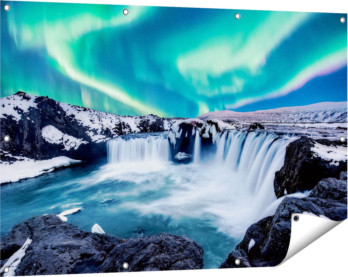 Gards Tuinposter Watervallen met het Groene Noorderlicht - 120x80 cm - Tuindoek - Tuindecoratie - Wanddecoratie buiten - Tuinschilderij Multikleur