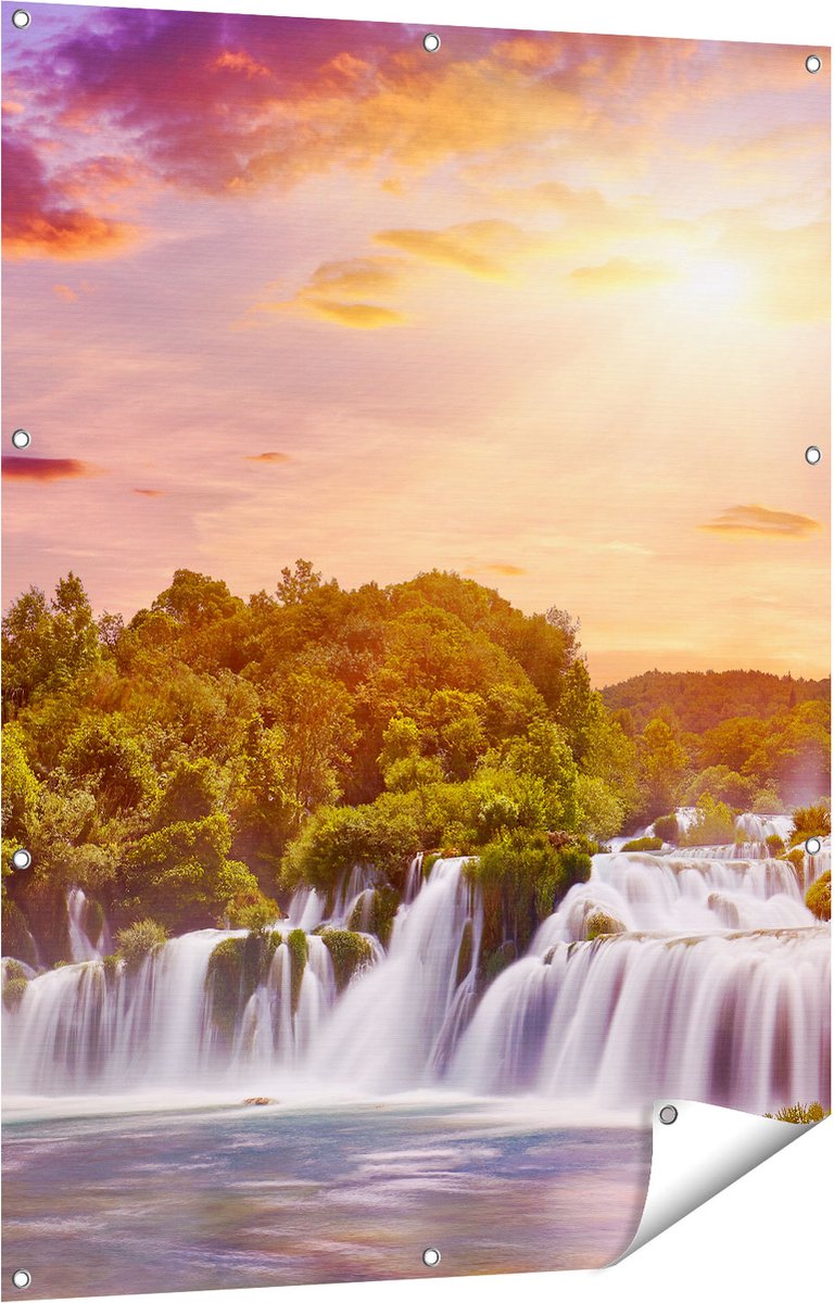 Gards Tuinposter Watervallen in het Bos - 90x120 cm - Tuindoek - Tuindecoratie - Wanddecoratie buiten - Tuinschilderij Multikleur