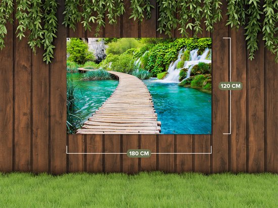 Affiche de jardin Gards Chemin en bois sur l' Water à la Chutes d'eau - 180x120 cm - Toile de jardin - Décoration de jardin - Décoration murale extérieur - Tableau de jardin