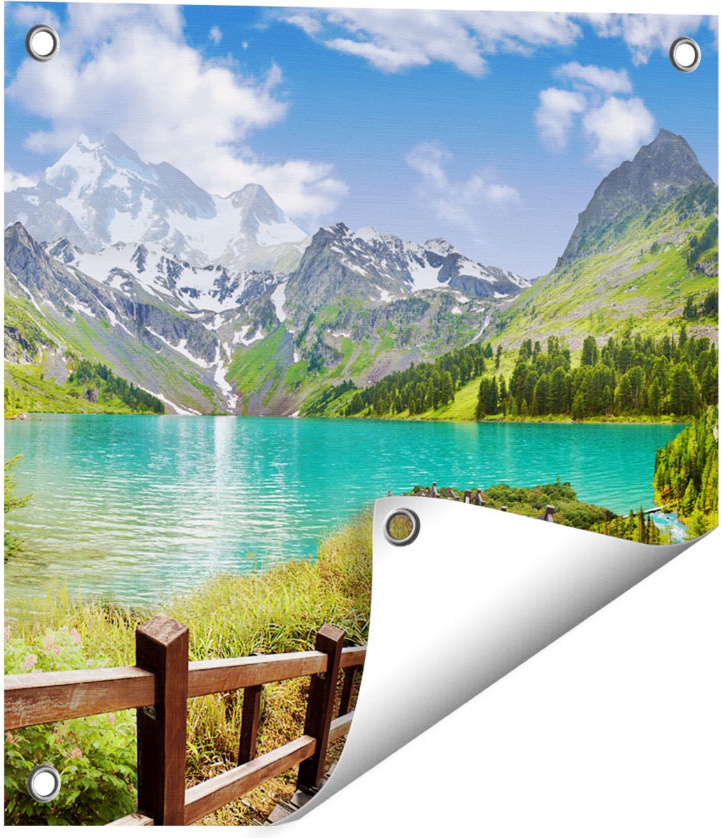 Gards Tuinposter Pad naar een Helder Blauw Meer in de Bergen - 40x40 cm - Tuindoek - Tuindecoratie - Wanddecoratie buiten - Tuinschilderij Multikleur