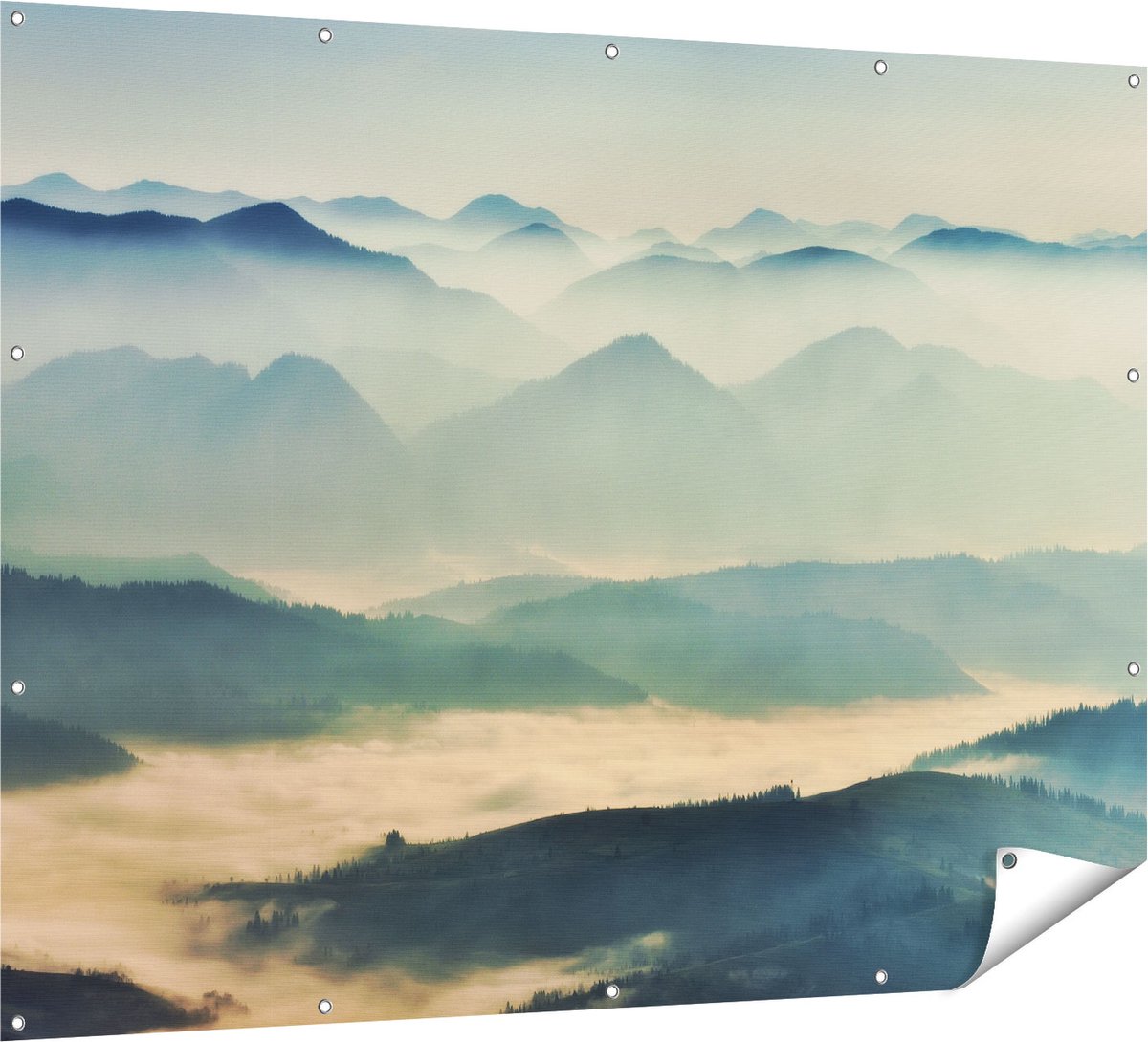 Gards Tuinposter Heuvel Landschap tijdens de Mist - 160x120 cm - Tuindoek - Tuindecoratie - Wanddecoratie buiten - Tuinschilderij Multikleur