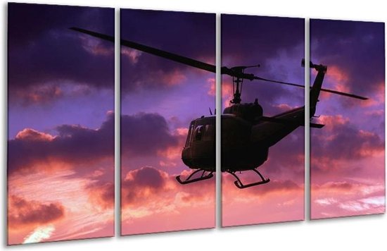 GroepArt - Glasschilderij - Helikopter - Paars, Zwart - 160x80cm 4Luik - Foto Op Glas - Geen Acrylglas Schilderij - 6000+ Glasschilderijen Collectie - Wanddecoratie
