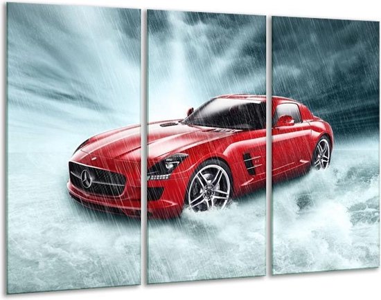 Glasschilderij Mercedes - Wit, Rood, Zwart - 120x80cm 3Luik - Foto Op Glas - Geen Acrylglas Schilderij - GroepArt 6000+ Glas Art Collectie - Maatwerk Mogelijk