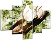 Glasschilderij -  Tulpen - Groen, Bruin, Wit - 100x70cm 5Luik - Geen Acrylglas Schilderij - GroepArt 6000+ Glasschilderijen Collectie - Wanddecoratie- Foto Op Glas