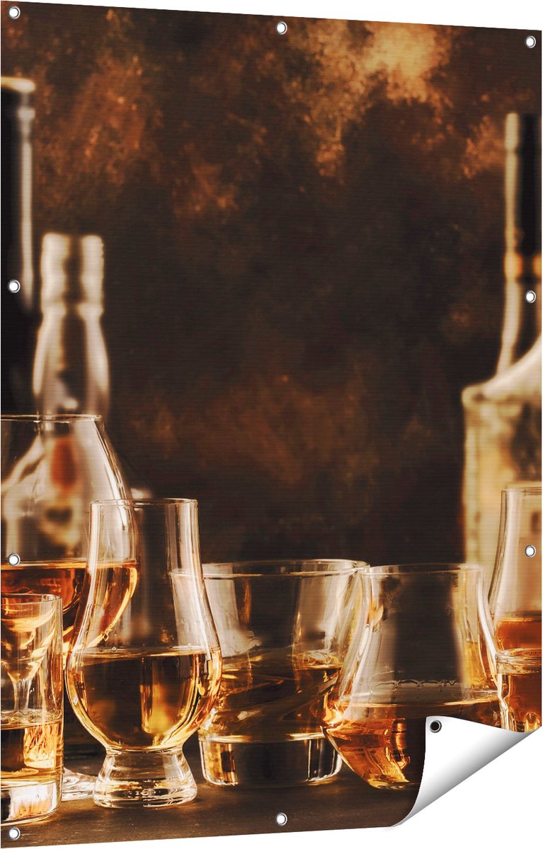 Gards Tuinposter Glazen met Sterke Drank - Flessen - 90x120 cm - Tuindoek - Tuindecoratie - Wanddecoratie buiten - Tuinschilderij Multikleur
