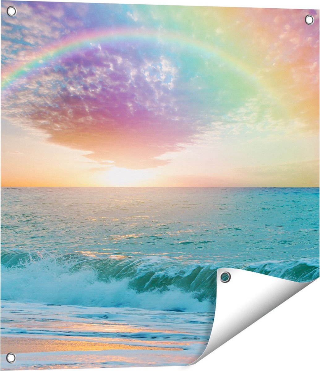 Gards Tuinposter Regenboog in het Water bij het Strand - 60x60 cm - Tuindoek - Tuindecoratie - Wanddecoratie buiten - Tuinschilderij Multikleur