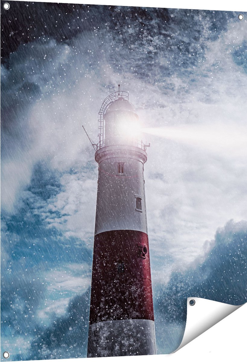 Gards Tuinposter Vuurtoren tijdens de Regen Storm - 80x100 cm - Tuindoek - Tuindecoratie - Wanddecoratie buiten - Tuinschilderij Multikleur
