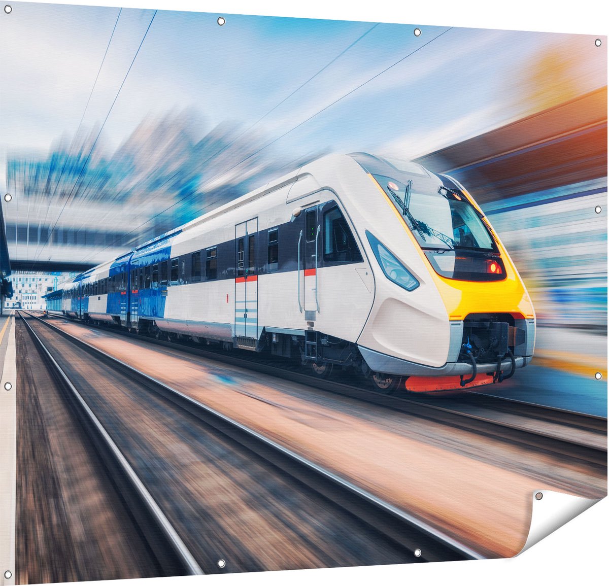 Gards Tuinposter Trein bij het Station - 150x120 cm - Tuindoek - Tuindecoratie - Wanddecoratie buiten - Tuinschilderij Multikleur