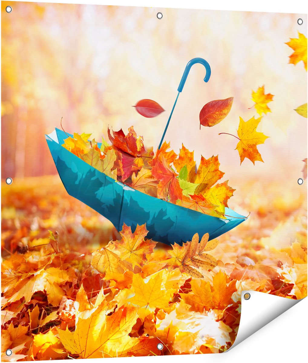 Gards Tuinposter Blauwe Paraplu in de Herfstbos met Bladeren - 90x90 cm - Tuindoek - Tuindecoratie - Wanddecoratie buiten - Tuinschilderij Multikleur