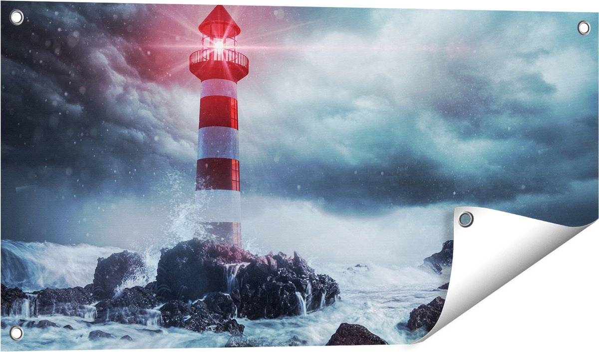 Gards Tuinposter Vuurtoren tijdens een Storm - 80x40 cm - Tuindoek - Tuindecoratie - Wanddecoratie buiten - Tuinschilderij Multikleur
