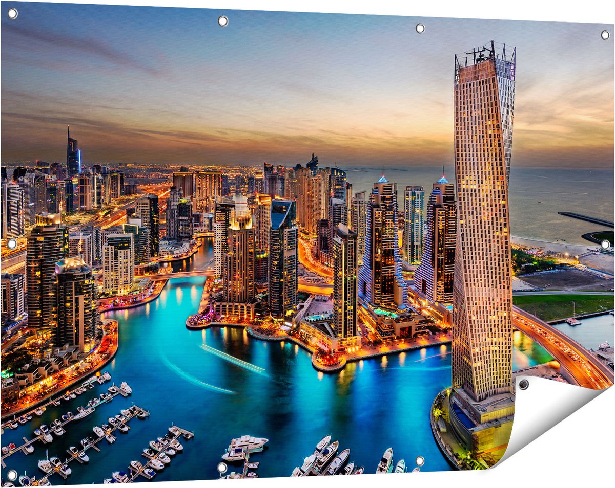 Gards Tuinposter Dubai Haven met de Stad - 120x80 cm - Tuindoek - Tuindecoratie - Wanddecoratie buiten - Tuinschilderij Multikleur