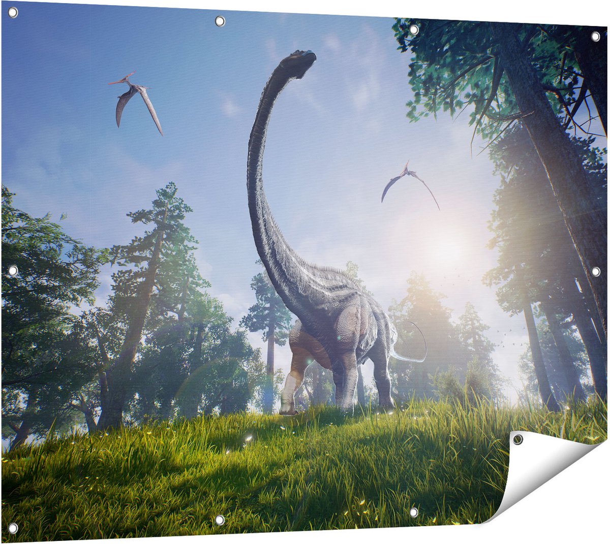 Gards Tuinposter Diplodocus Dinosauri�r in het Bos - 120x90 cm - Tuindoek - Tuindecoratie - Wanddecoratie buiten - Tuinschilderij Multikleur