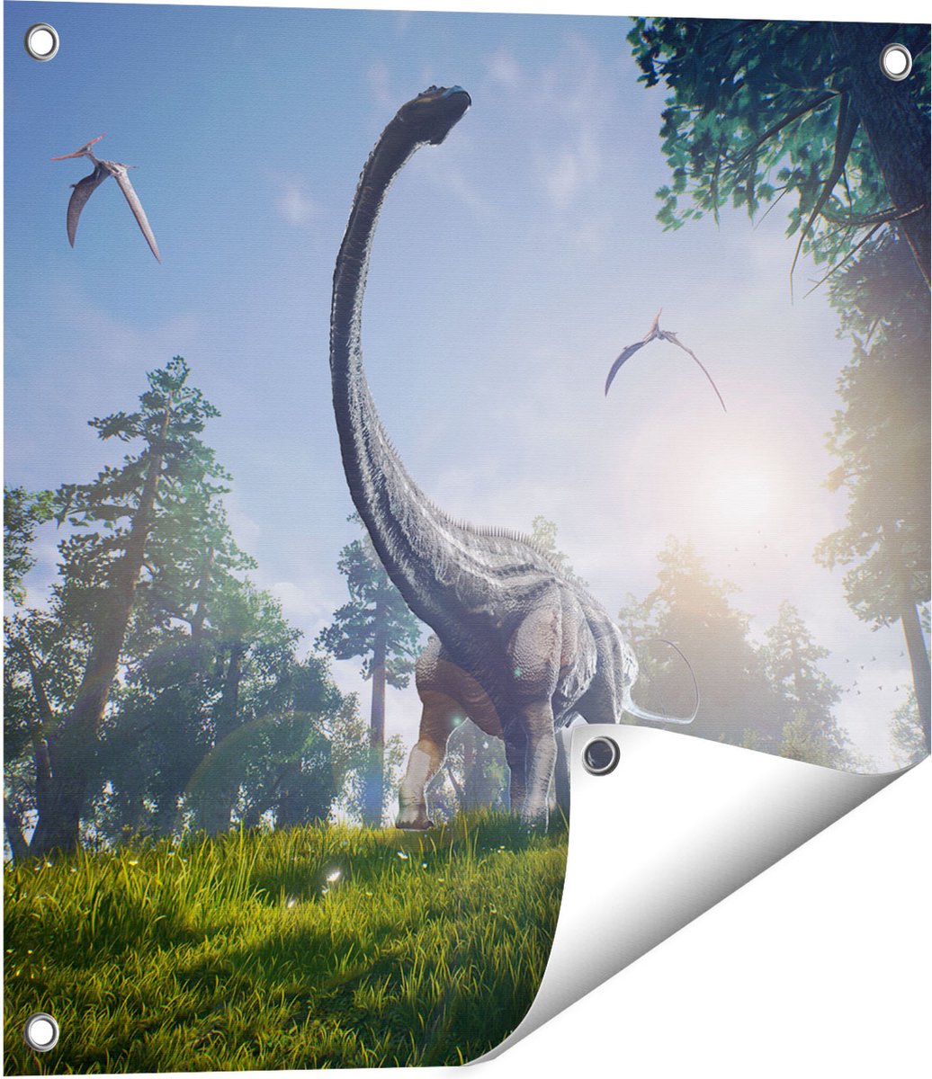 Gards Tuinposter Diplodocus Dinosauri�r in het Bos - 50x50 cm - Tuindoek - Tuindecoratie - Wanddecoratie buiten - Tuinschilderij Multikleur