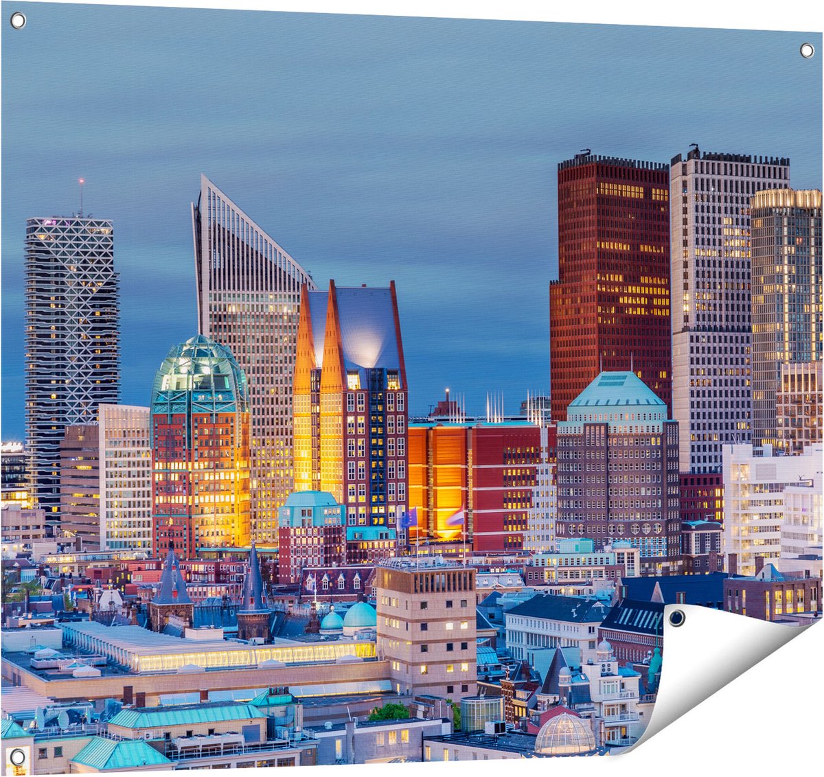 Gards Tuinposter Den Haag Skyline met Wolkenkrabbers - 100x80 cm - Tuindoek - Tuindecoratie - Wanddecoratie buiten - Tuinschilderij Multikleur