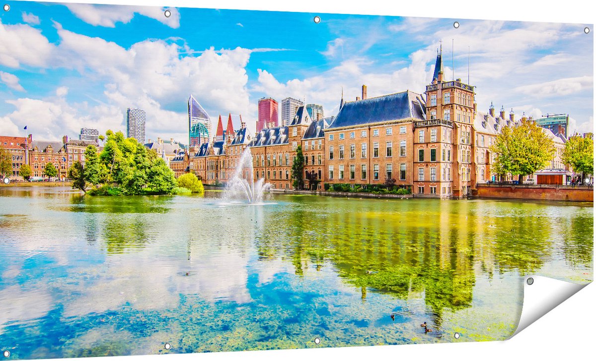 Gards Tuinposter Binnenhof met het Hofvijver in Den Haag - 180x90 cm - Tuindoek - Tuindecoratie - Wanddecoratie buiten - Tuinschilderij Multikleur